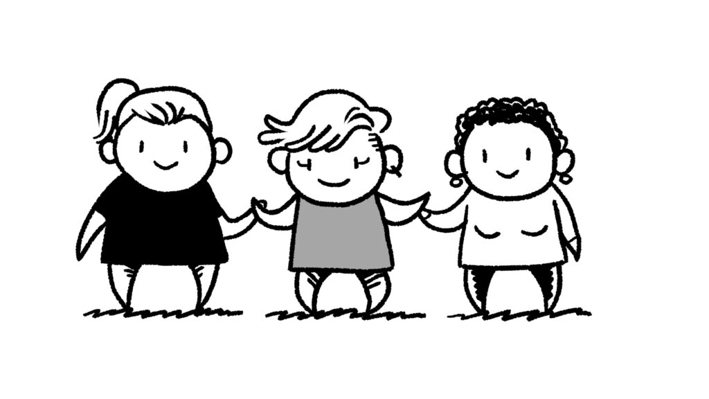 Illustration of three smiling figures holding hands.